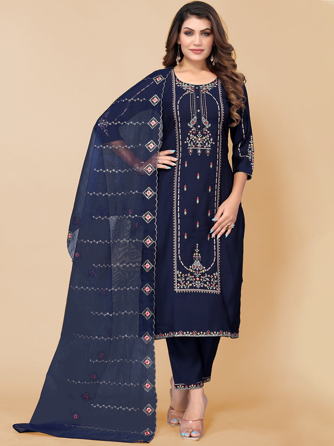 

KALINI Women Blue Ethnic Motifs Embroidered Kurta with Trousers & With Dupatta