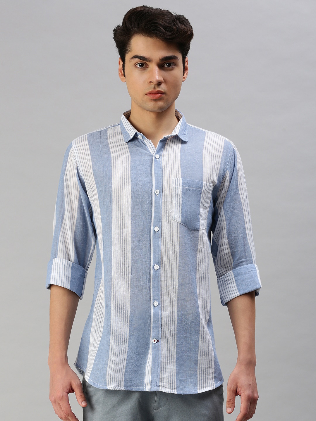 

Cross Court Men Blue Striped Casual Shirt