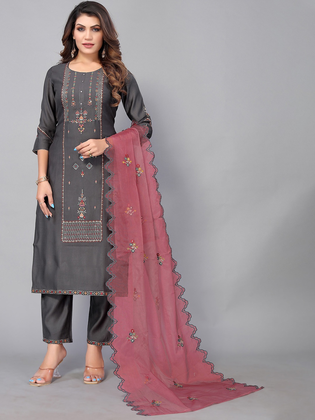 

Nimayaa Women Charcoal Ethnic Motifs Embroidered Kurta With Trousers & Dupatta