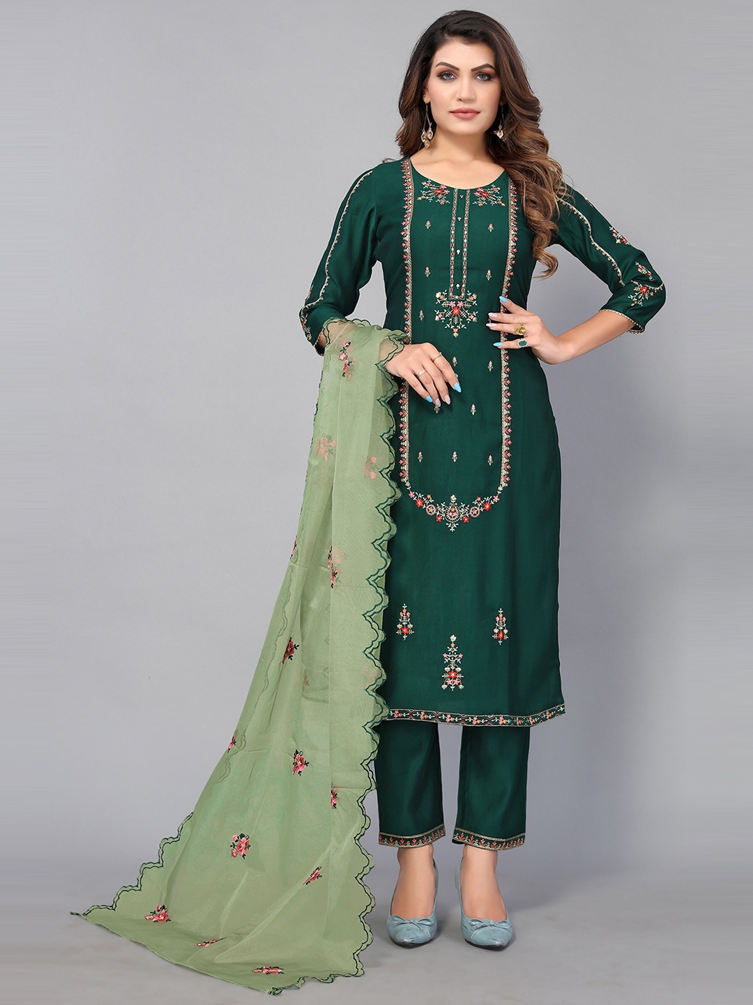 

Nimayaa Women Green Ethnic Motifs Embroidered Kurta With Trousers & Dupatta