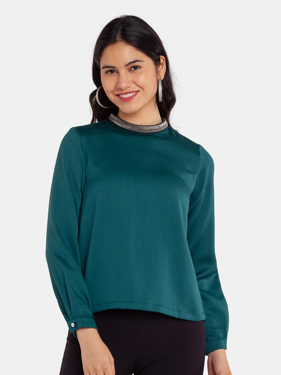 

Zink London Embellished Jewel Neck Top, Green