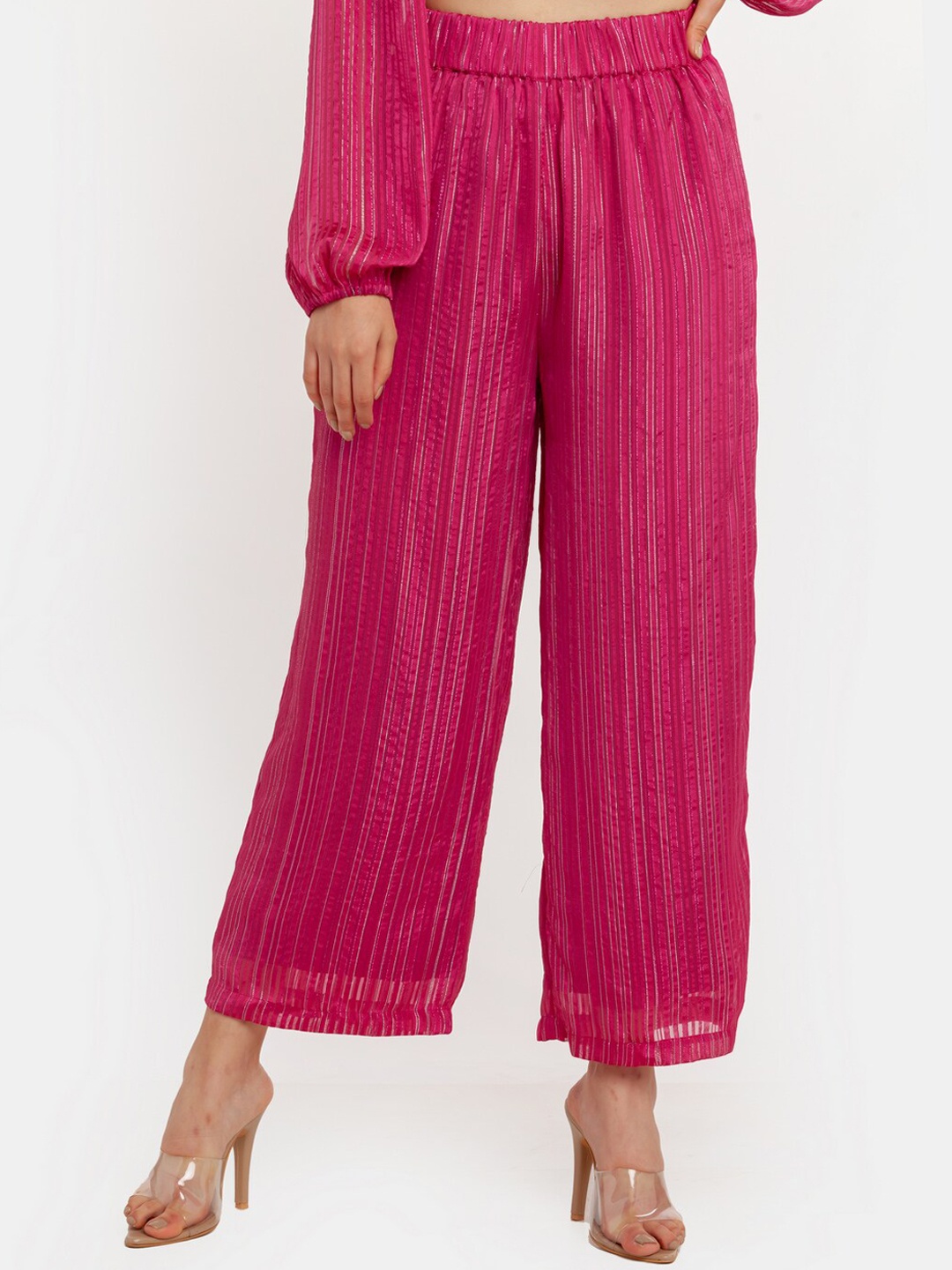 

Zink London Women Pink Striped Loose Fit High-Rise Trousers