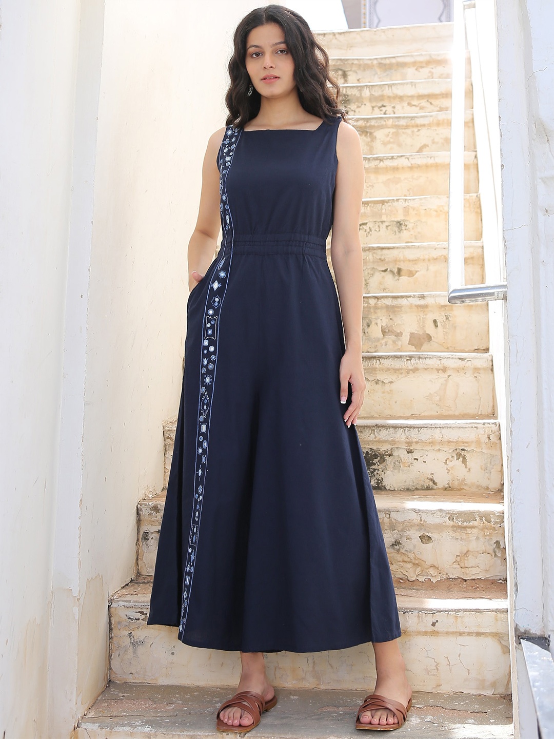 

OKHAI Navy Blue Embroidered Mirror Work Cotton Jumpsuit