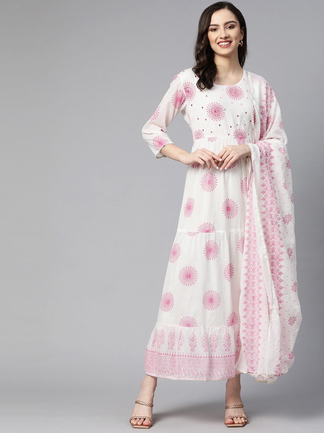 

Readiprint Fashions White Ethnic Motifs Maxi Dress With Dupatta