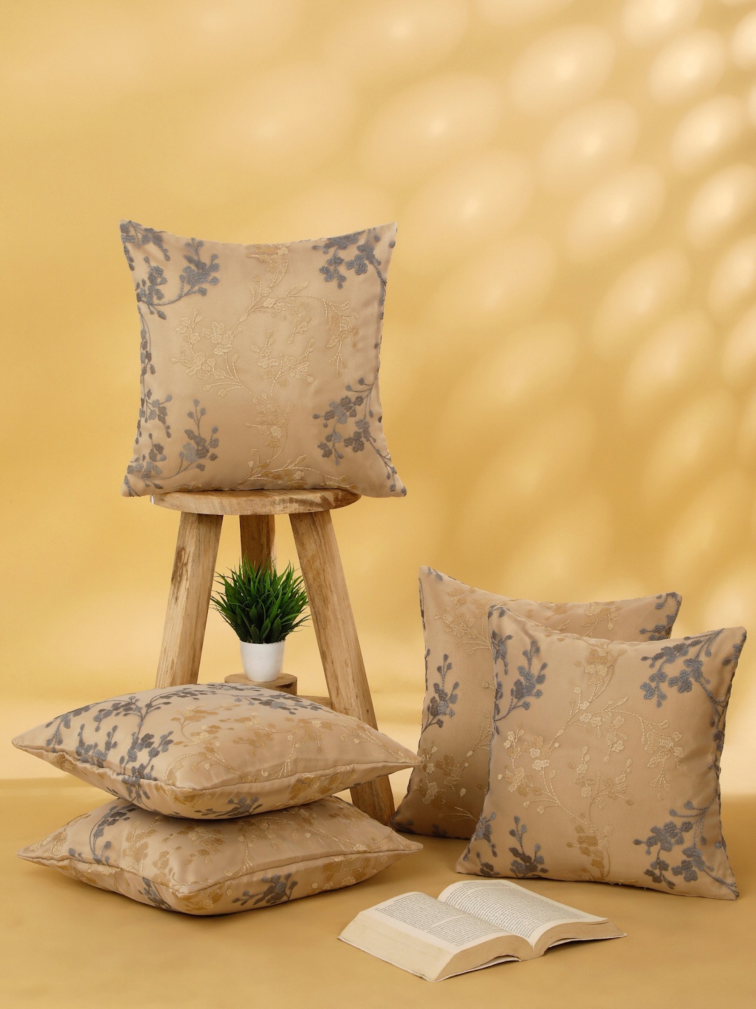 

ROSARA HOME Beige & Grey Set of 5 Embroidered Square Cushion Covers