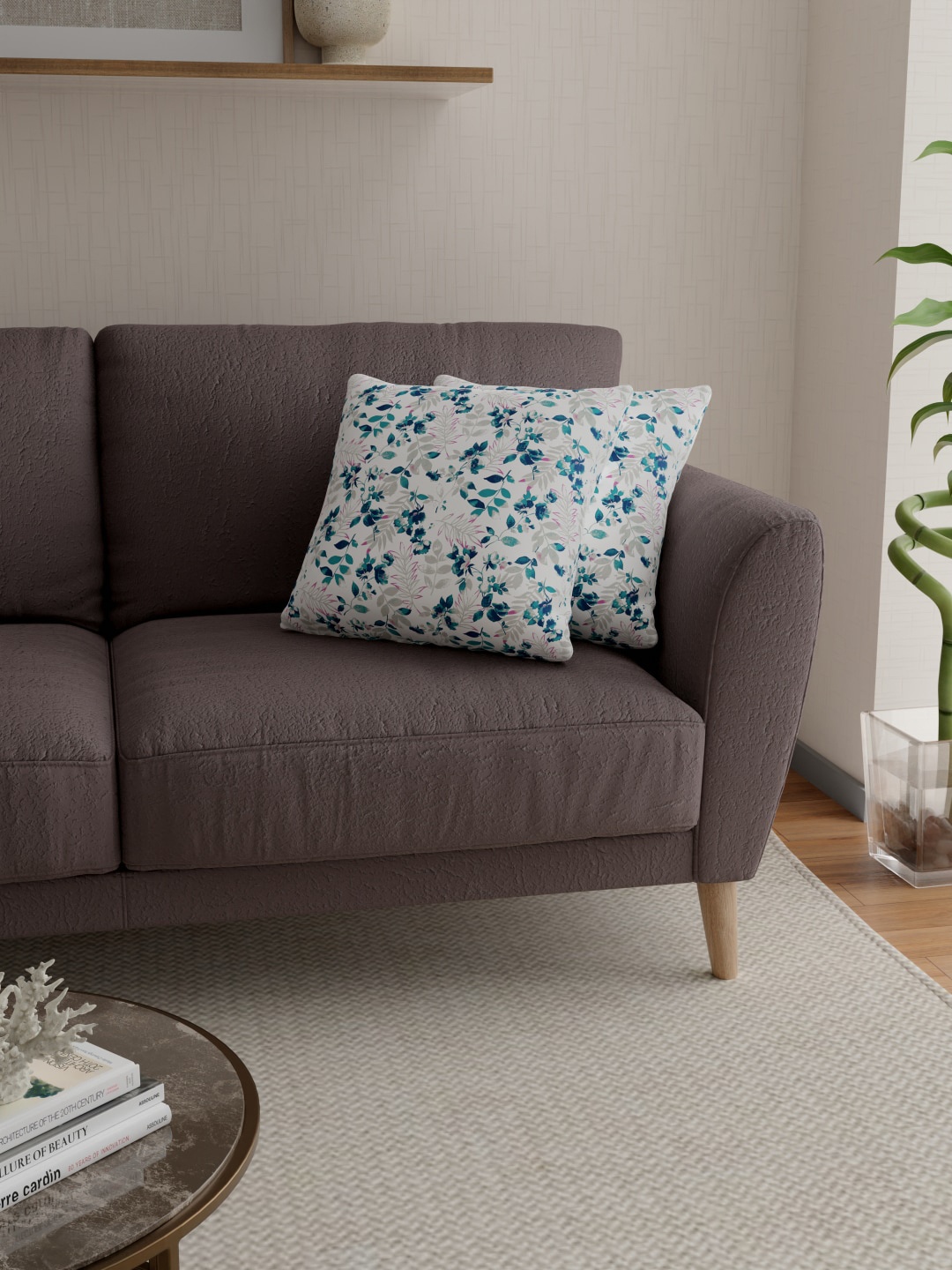 

ROSARA HOME White & Blue Set of 2 Floral Square Cushion Covers
