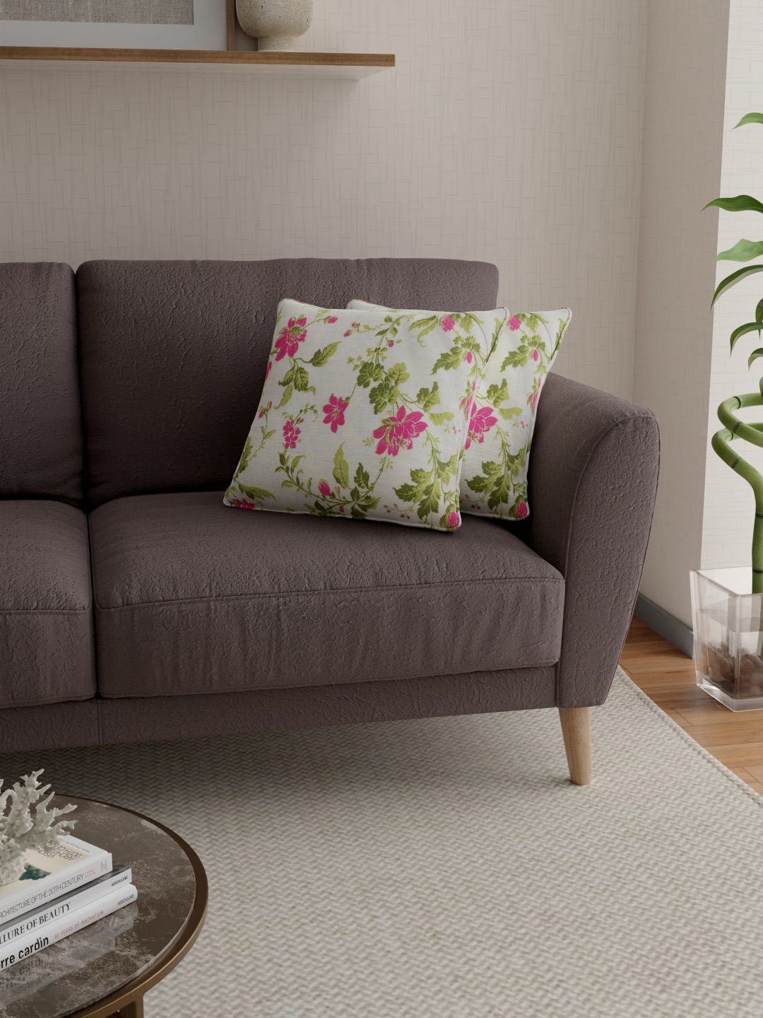 

ROSARA HOME Off White & Green Set of 2 Floral Printed Cotton Square Cushion Covers