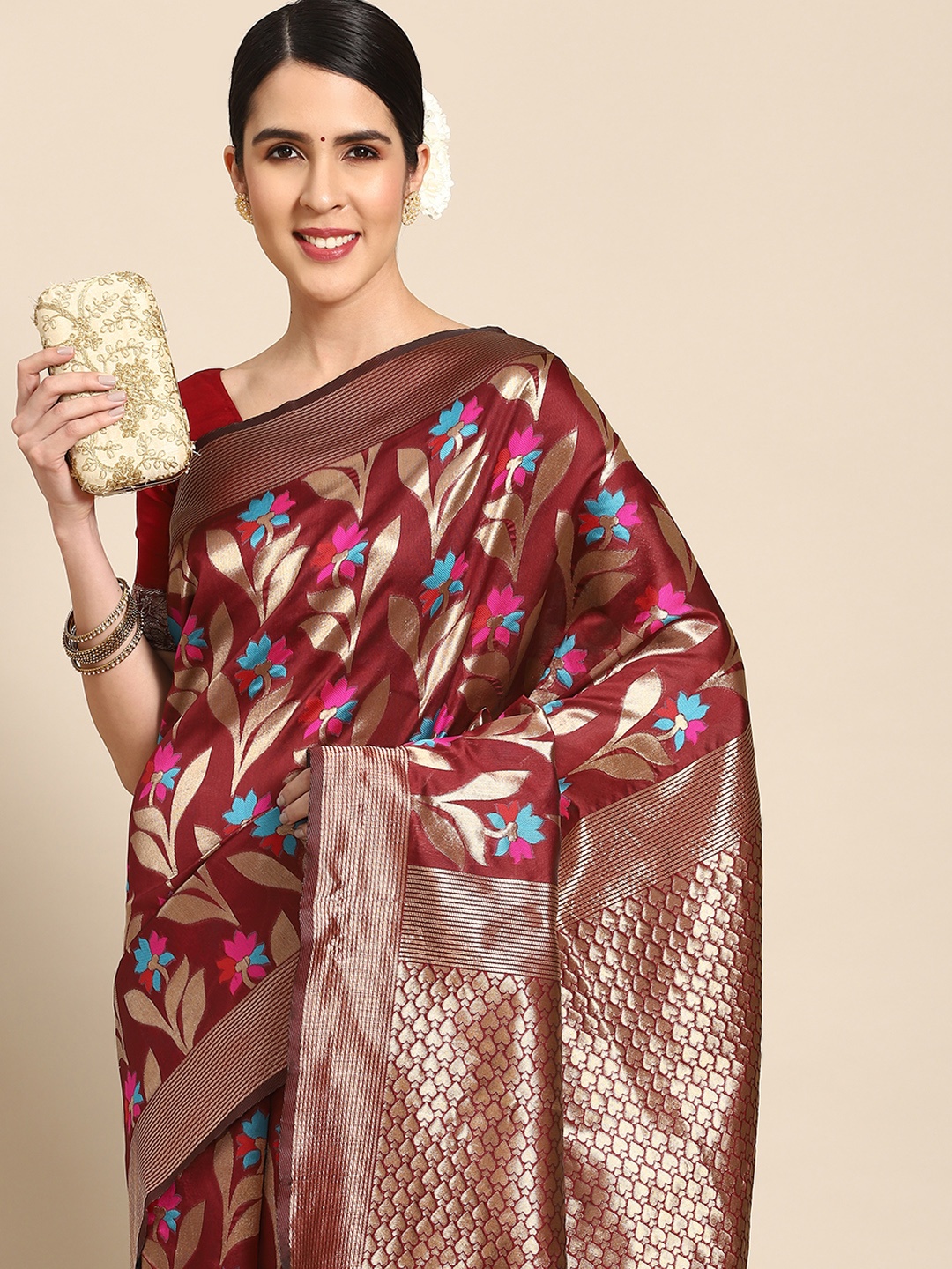 

Chhabra 555 Maroon Floral Zari Silk Blend Banarasi Saree
