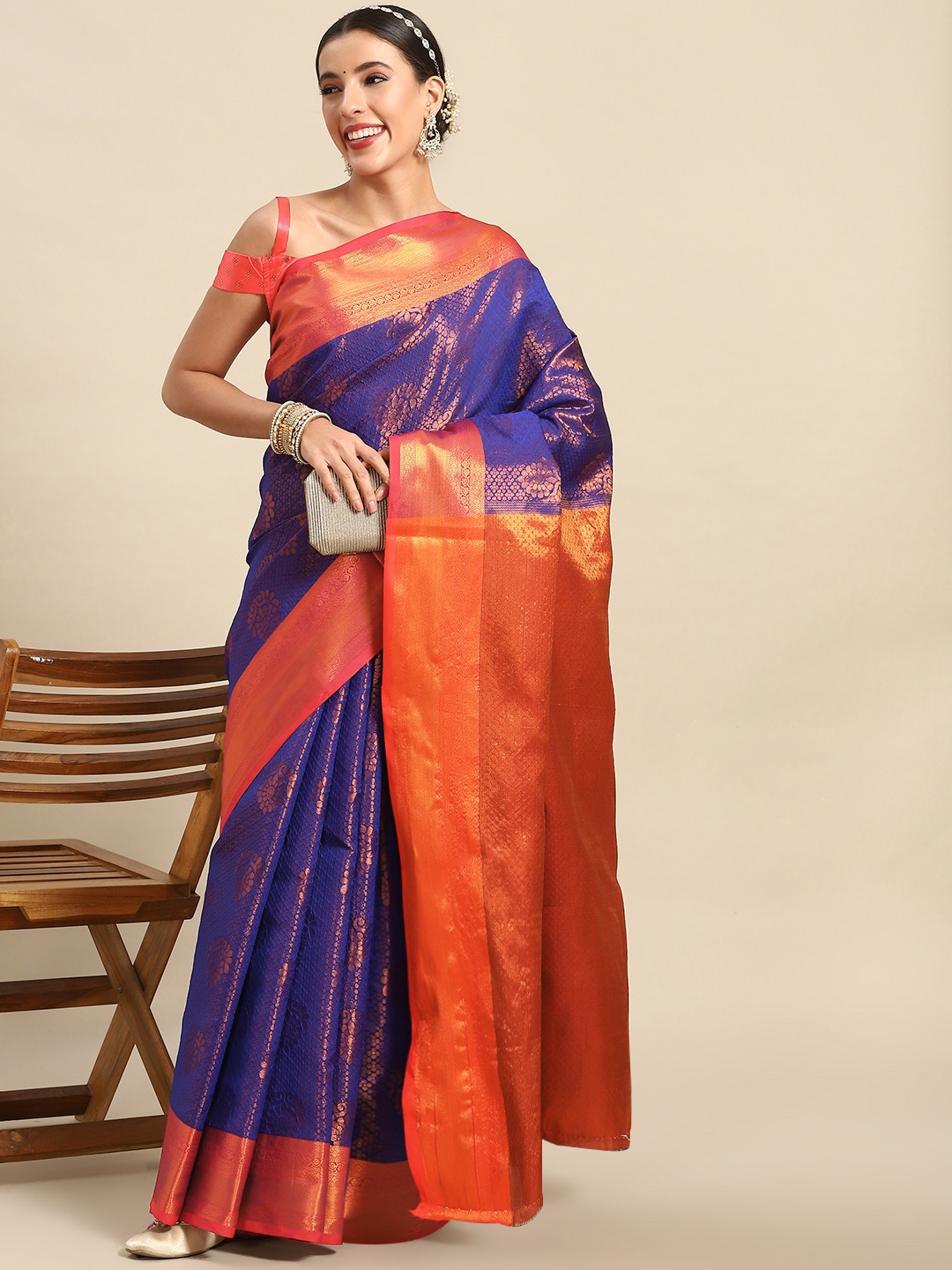 

Chhabra 555 Ethnic Motifs Zari Silk Blend Kanjeevaram Saree, Violet