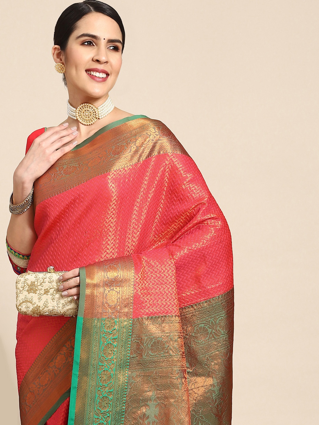 

Chhabra 555 Coral Ethnic Motifs Zari Silk Blend Fusion Kanjeevaram Saree