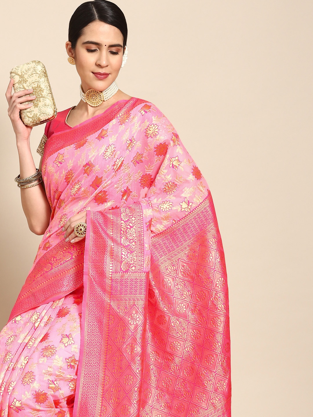 

Chhabra 555 Pink Floral Zari Silk Blend Banarasi Saree