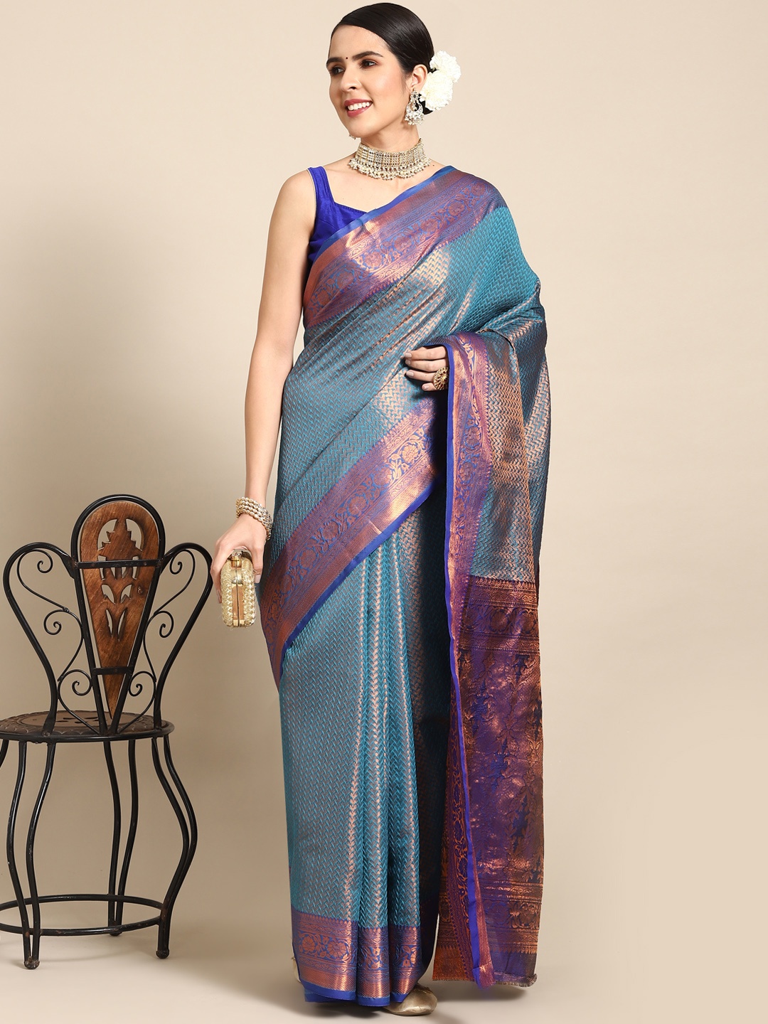 

Chhabra 555 Blue Ethnic Motifs Zari Silk Blend Fusion Kanjeevaram Saree