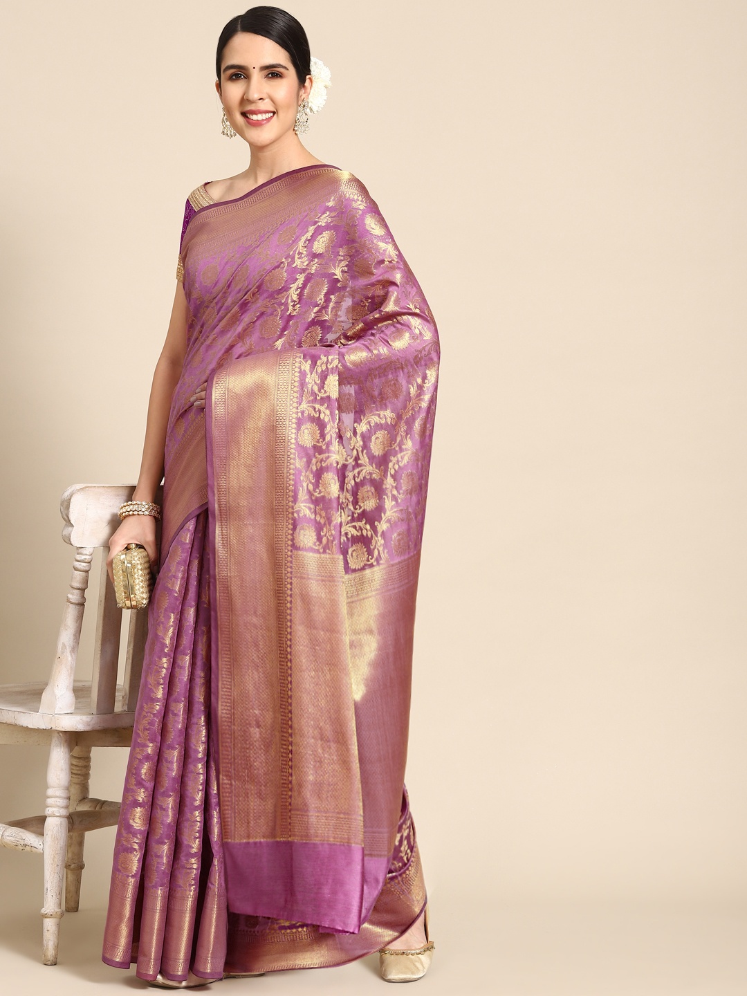 

Chhabra 555 Violet Ethnic Motifs Zari Silk Blend Fusion Banarasi Saree