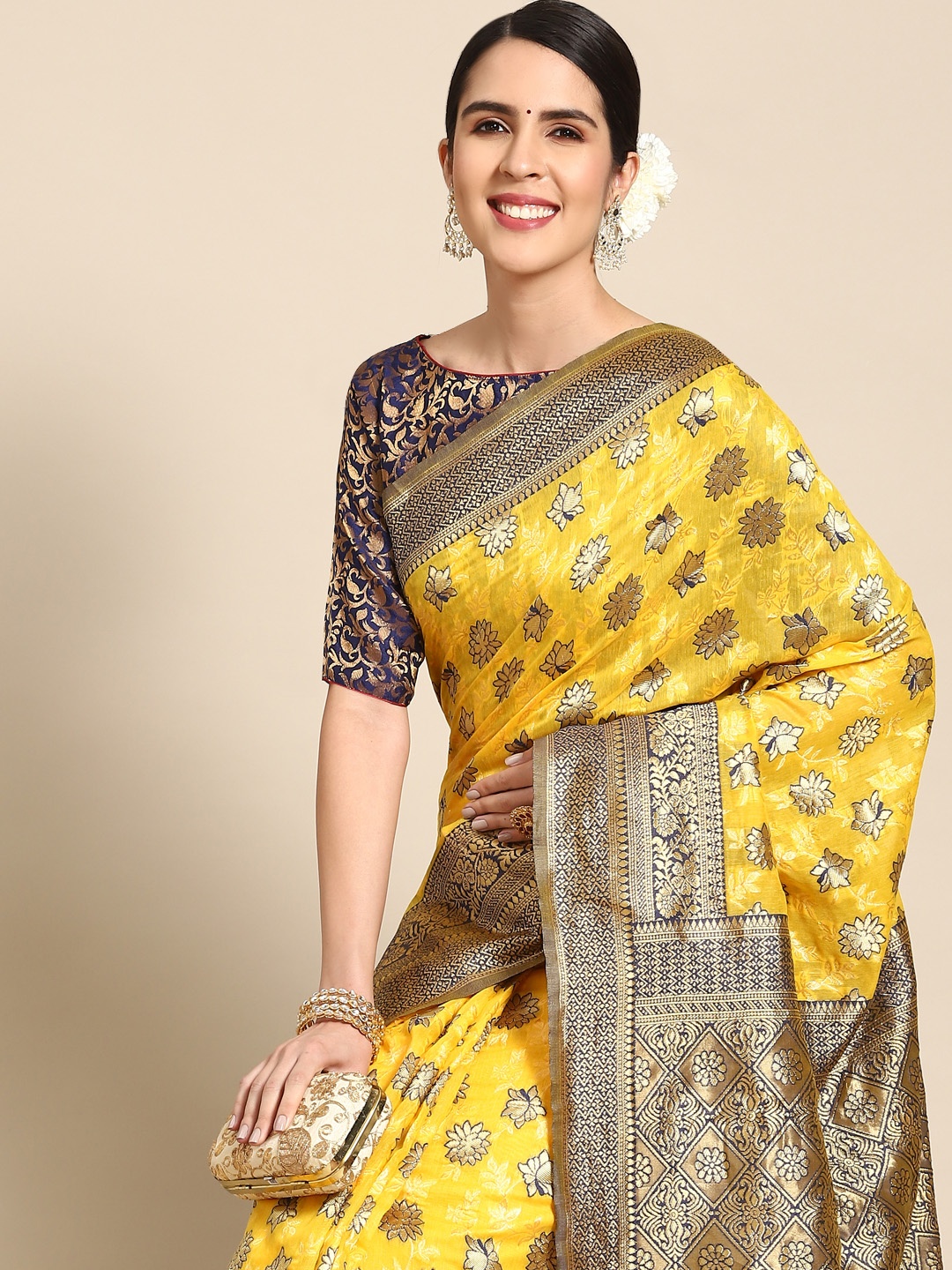 

Chhabra 555 Yellow Floral Zari Silk Blend Banarasi Saree