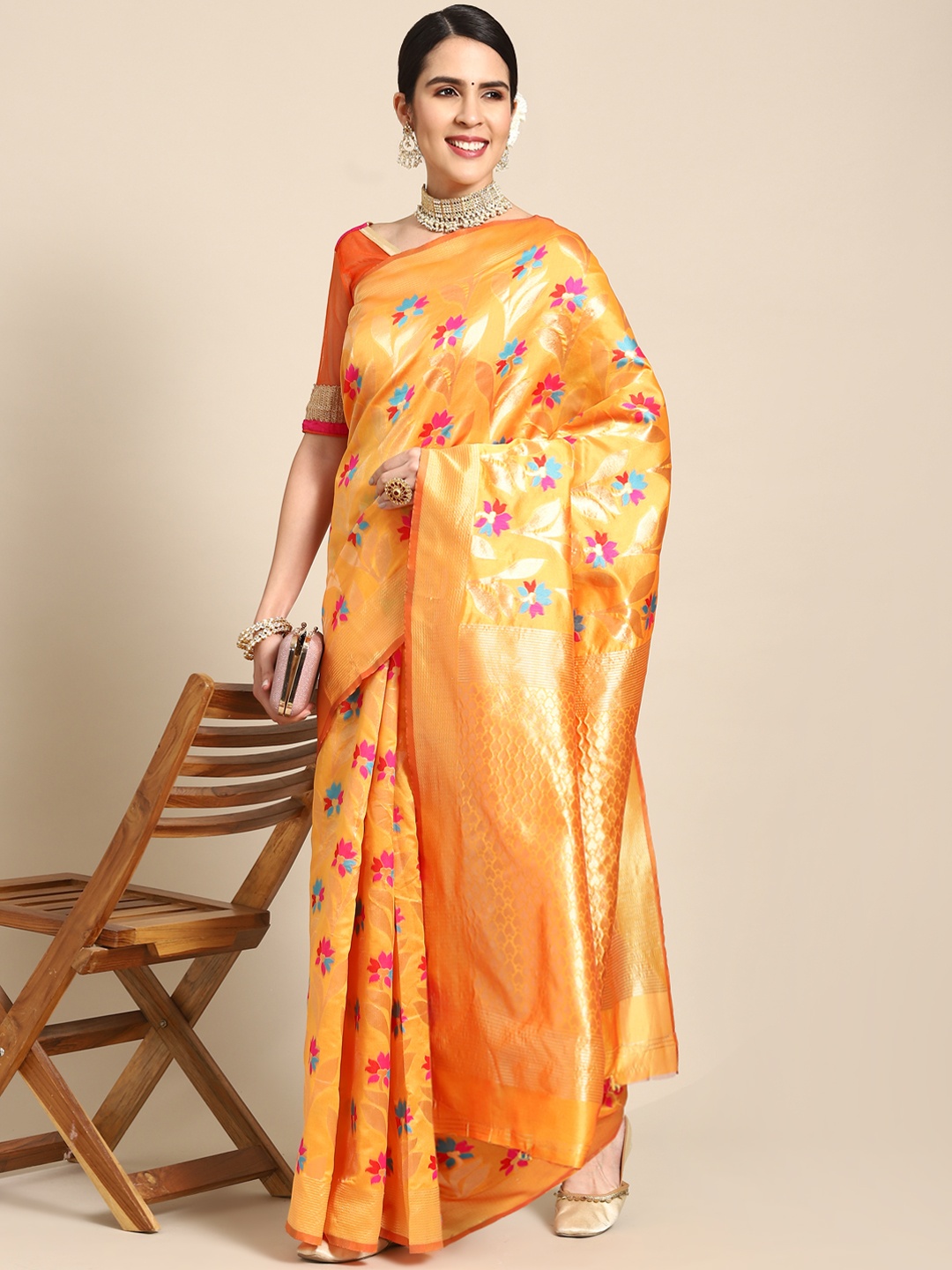 

Chhabra 555 Mustard Floral Zari Silk Blend Banarasi Saree