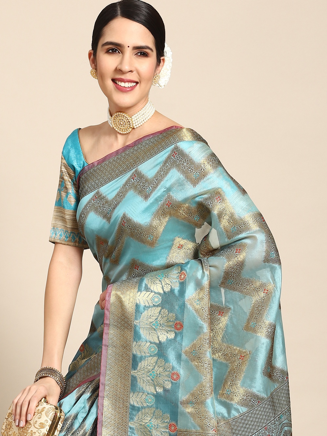 

Chhabra 555 Turquoise Blue Woven Design Zari Silk Cotton Banarasi Saree