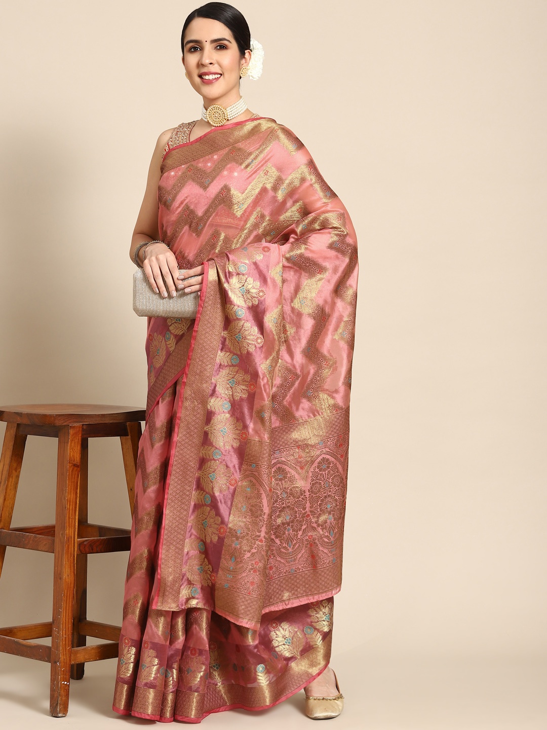 

Chhabra 555 Pink Woven Design Zari Silk Cotton Banarasi Saree