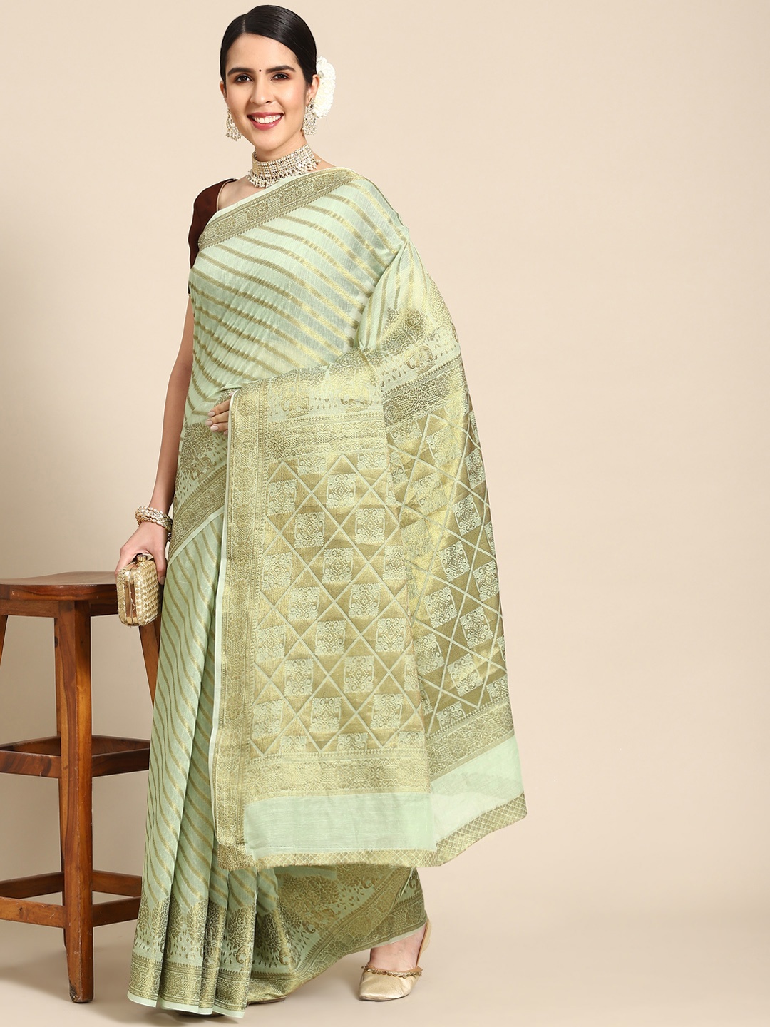 

Chhabra 555 Green Woven Design Zari Silk Blend Banarasi Saree