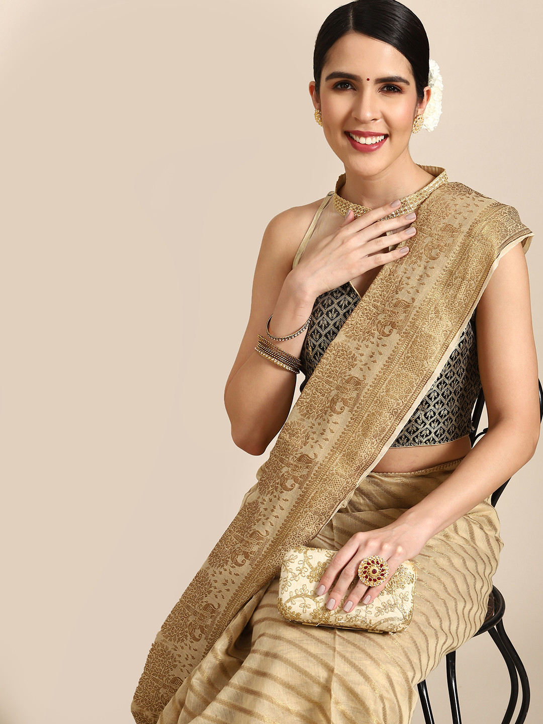 

Chhabra 555 Beige Woven Design Zari Silk Blend Banarasi Saree