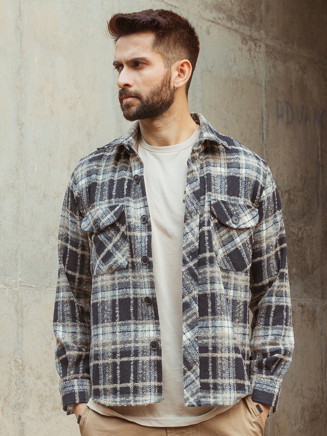 

Dlanxa Men Black Tartan Checks Pea Coat