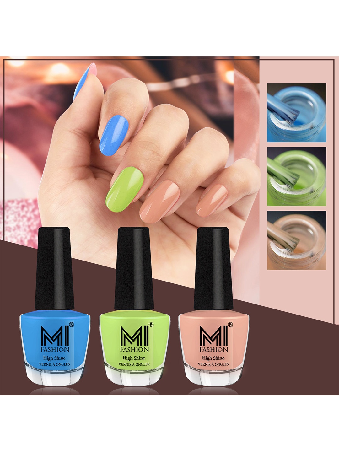 

MI FASHION Vernis A Ongles Bang On Shine Pack Of 3 Nail Polish 12ml each - Ocean Blue, Parrot Green, Sweet Nude