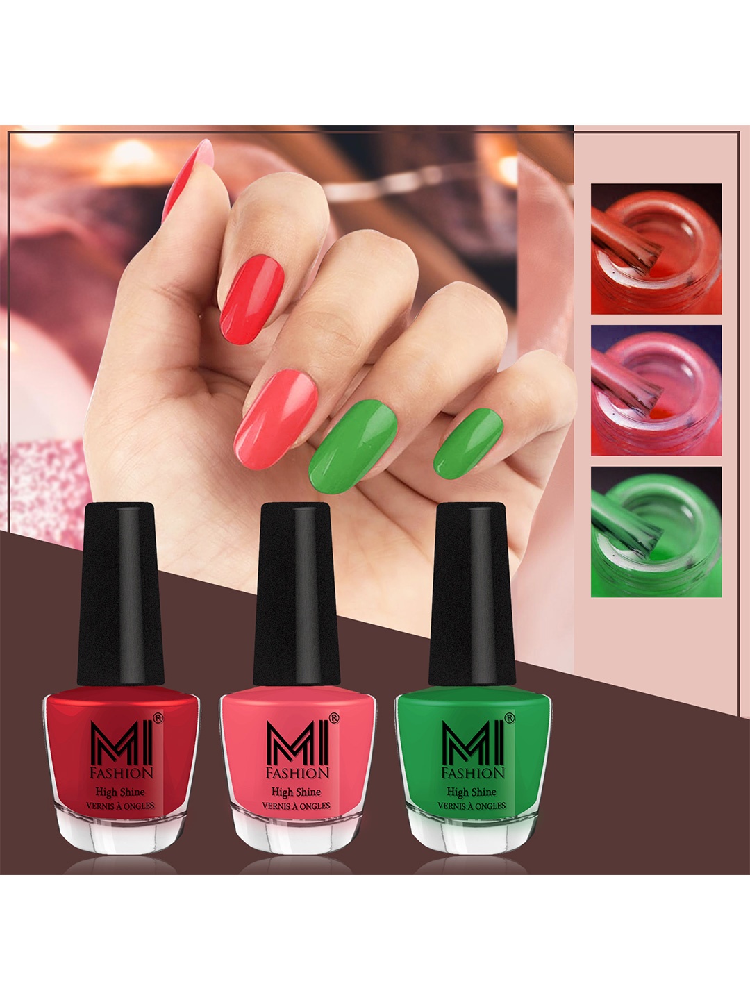 

MI FASHION Vernis A Ongles Bang On Shine Pack Of 3 Nail Polish 12ml each - Reddish Maroon, Peach Crush, Grass Green