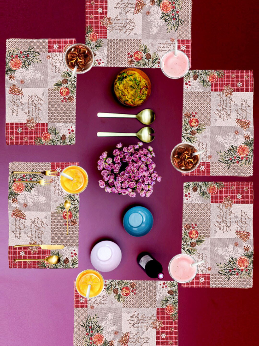 

AVI Living Set Of 6 Beige & Red Floral Christmas Jaquard Woven Table Placemats