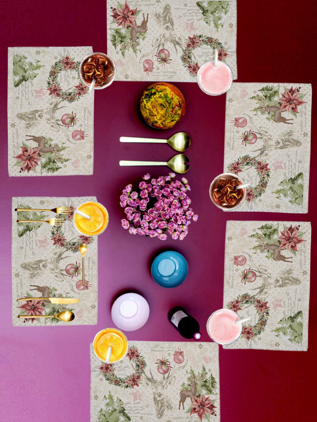 

AVI Living Set Of 6 Red & White Christmas Spirit Table Mat Set & Runner, Multi