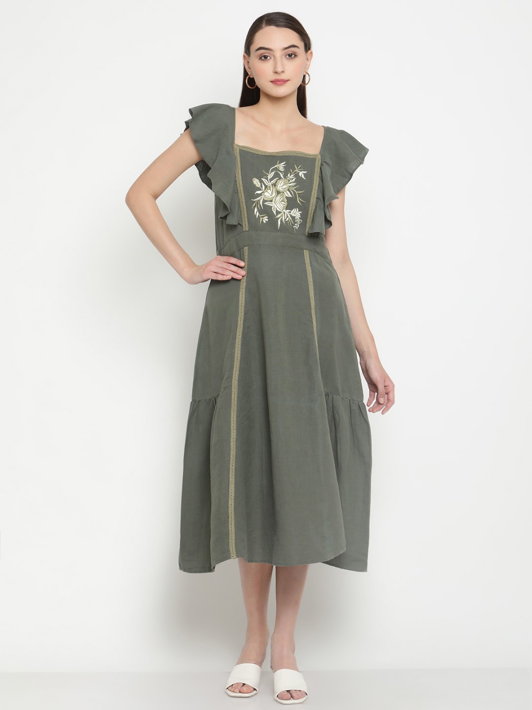 

Be Indi Linen Midi Flutter Sleeves Dress, Olive