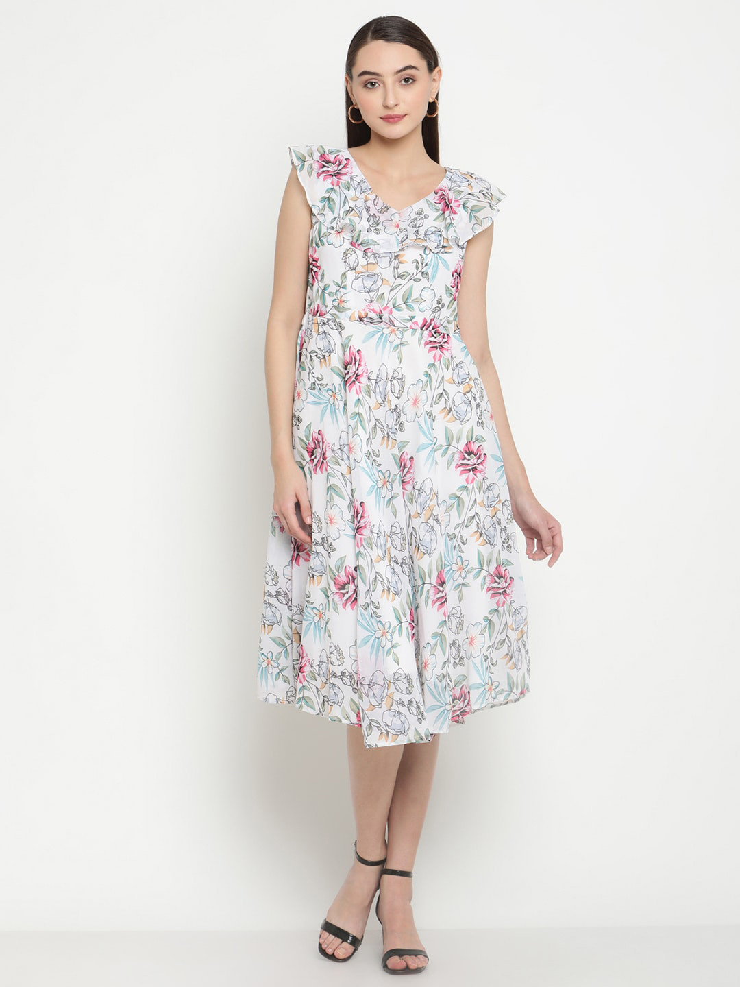 

Be Indi White Floral Printed Flared A-Line Dress