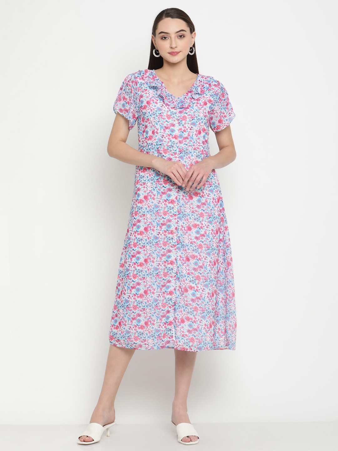 Be Indi Blue & Pink Floral Printed A-Line Midi Dress