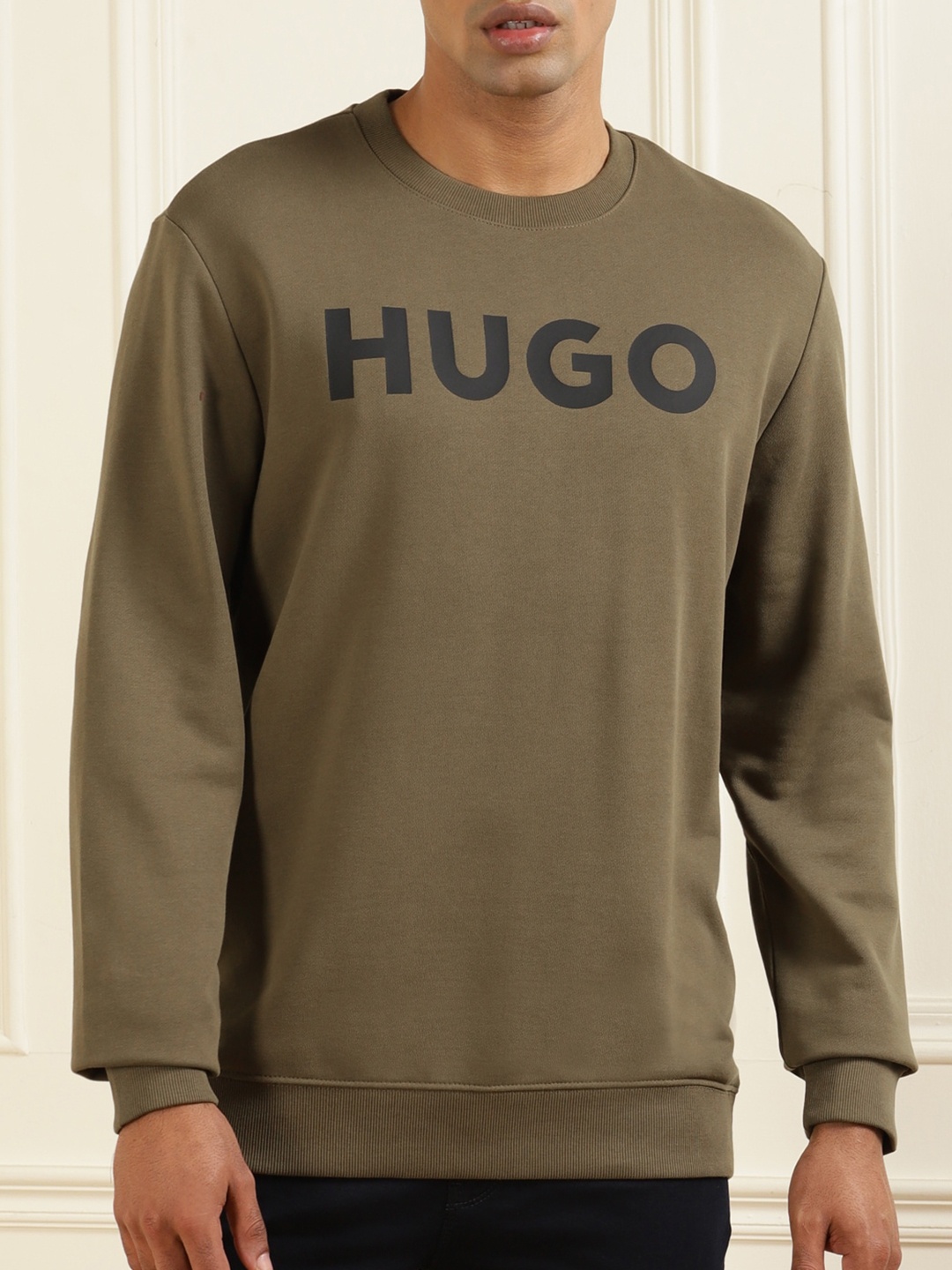 HUGO Men Olive Green & Black Typography Printed Cotton Pullover