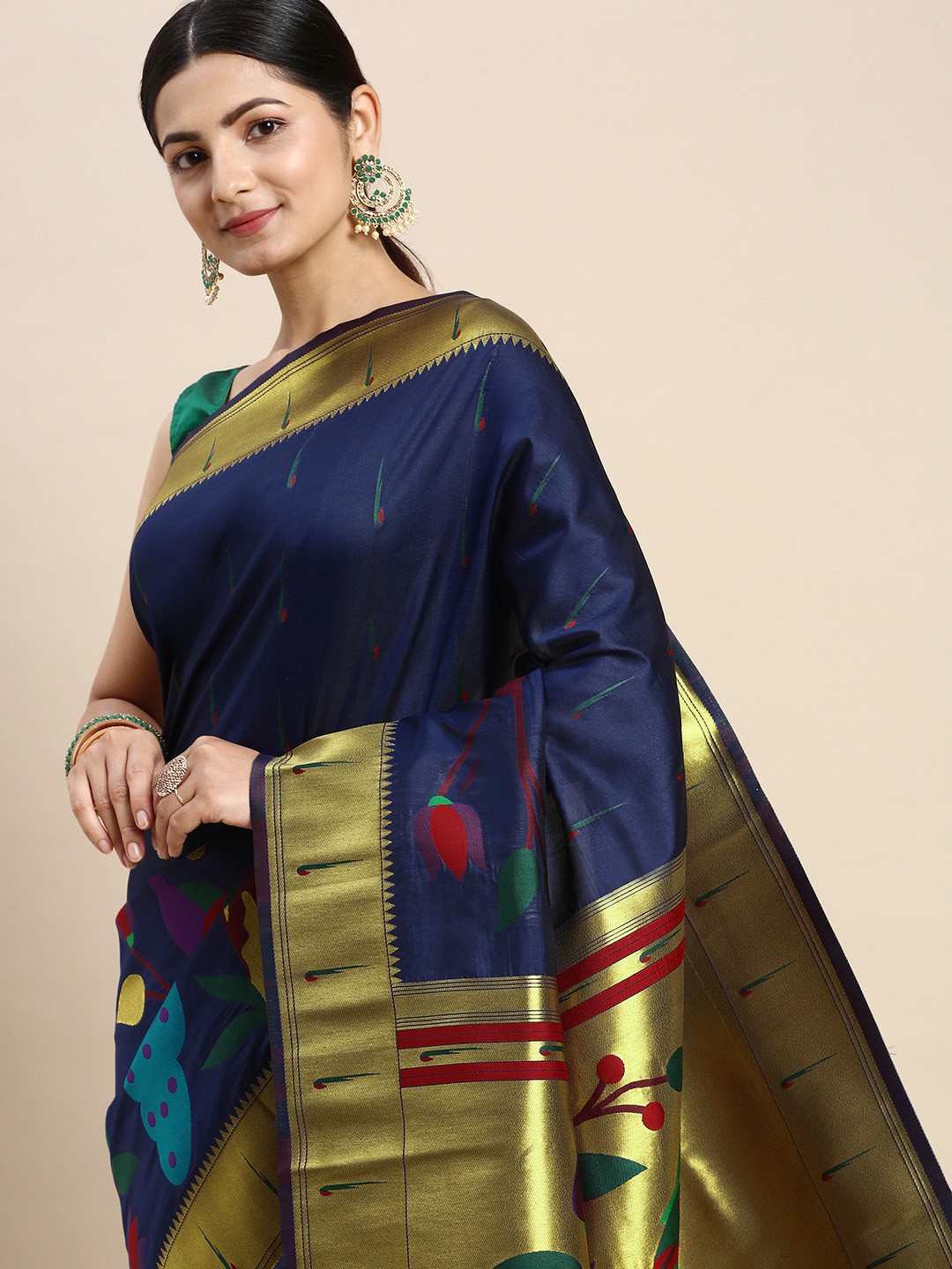

Royal Rajgharana Saree Floral Zari Silk Blend Paithani Saree, Navy blue