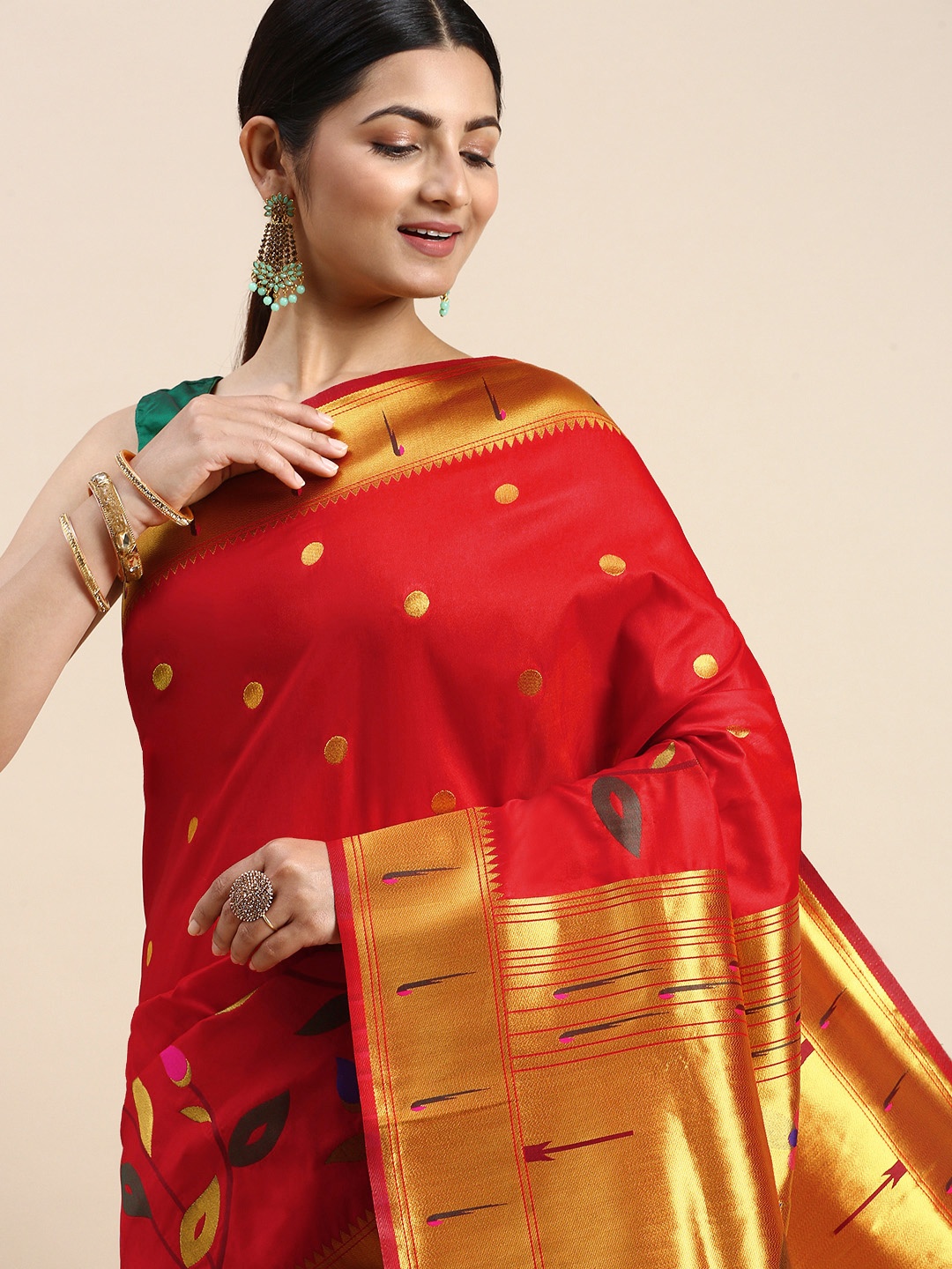 

Royal Rajgharana Saree Floral Zari Silk Blend Paithani Saree, Red