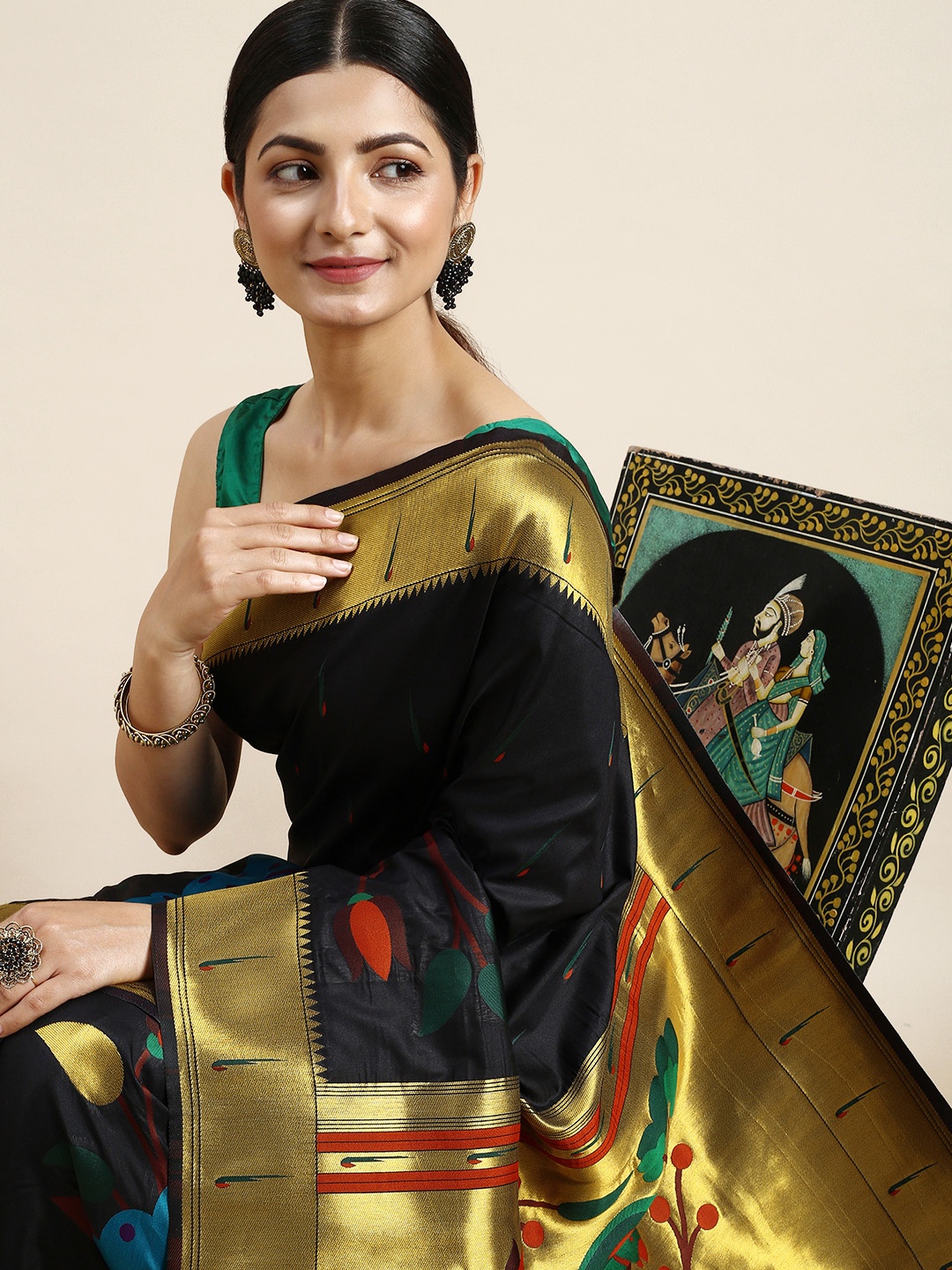 

Royal Rajgharana Saree Floral Zari Silk Blend Paithani Saree, Black