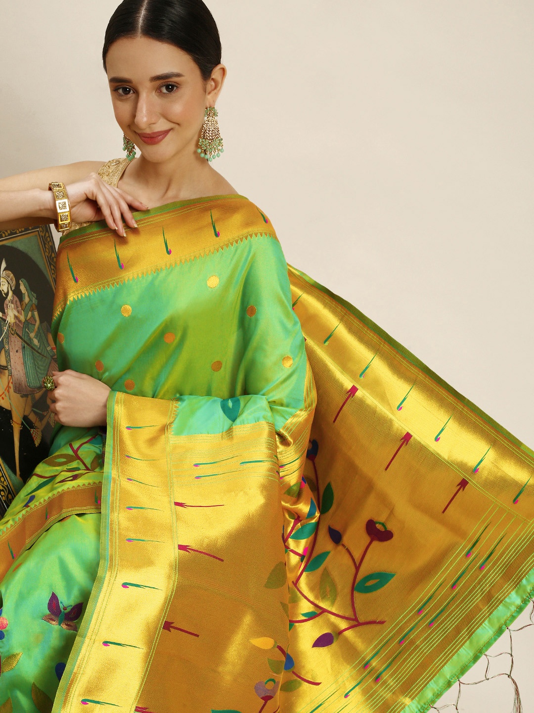 

Royal Rajgharana Saree Floral Zari Silk Blend Paithani Saree, Green