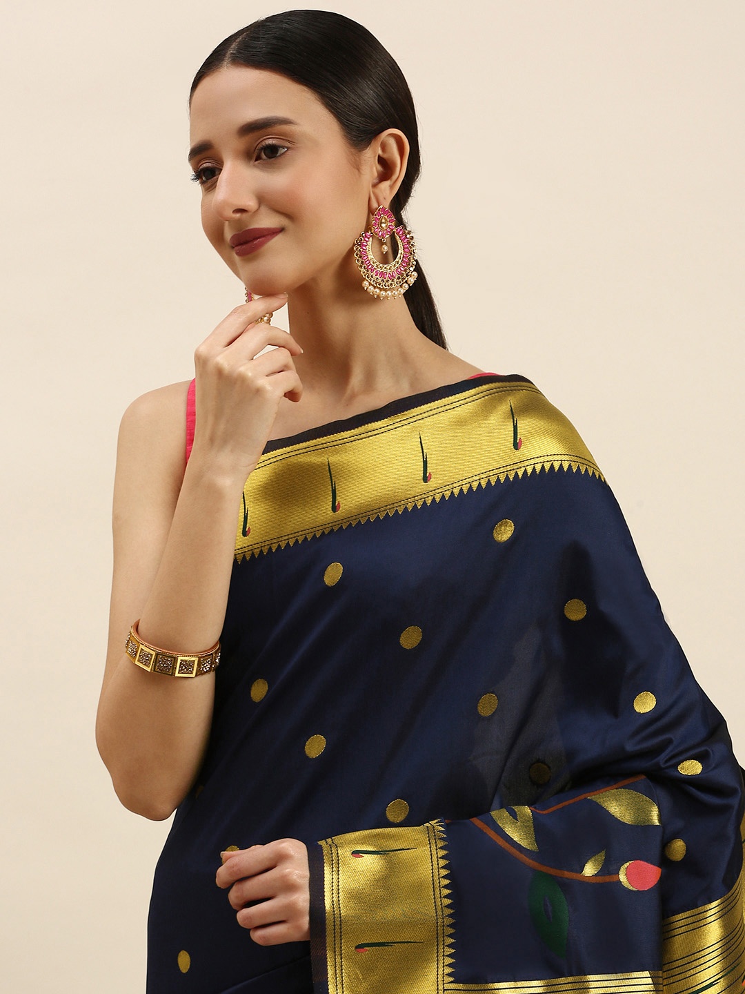 

Royal Rajgharana Saree Floral Zari Silk Blend Paithani Saree, Navy blue