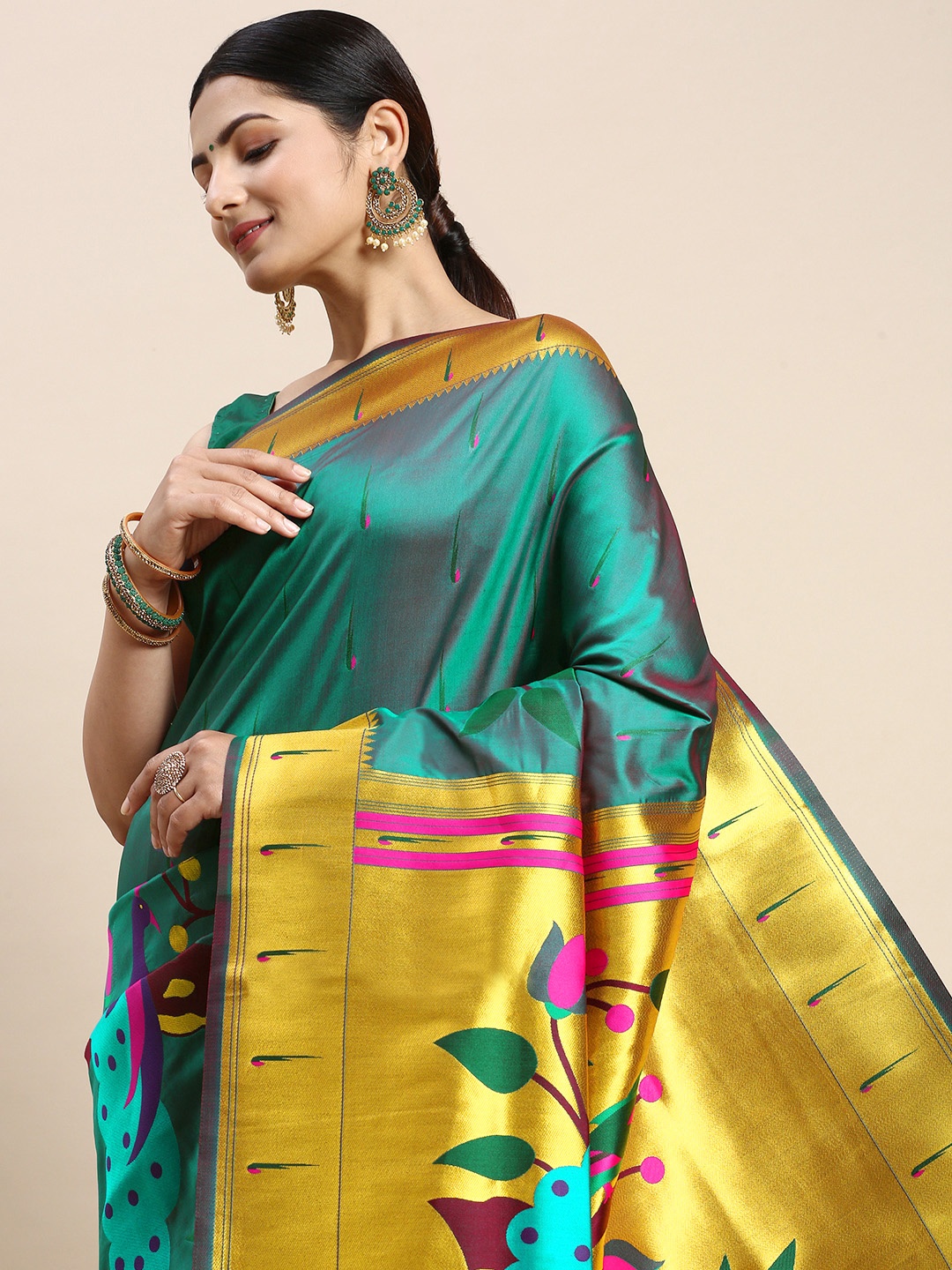 

Royal Rajgharana Saree Floral Zari Silk Blend Paithani Saree, Teal