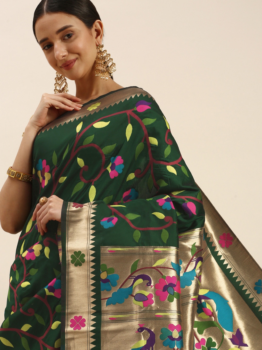 

Royal Rajgharana Saree Floral Zari Silk Blend Paithani Saree, Green