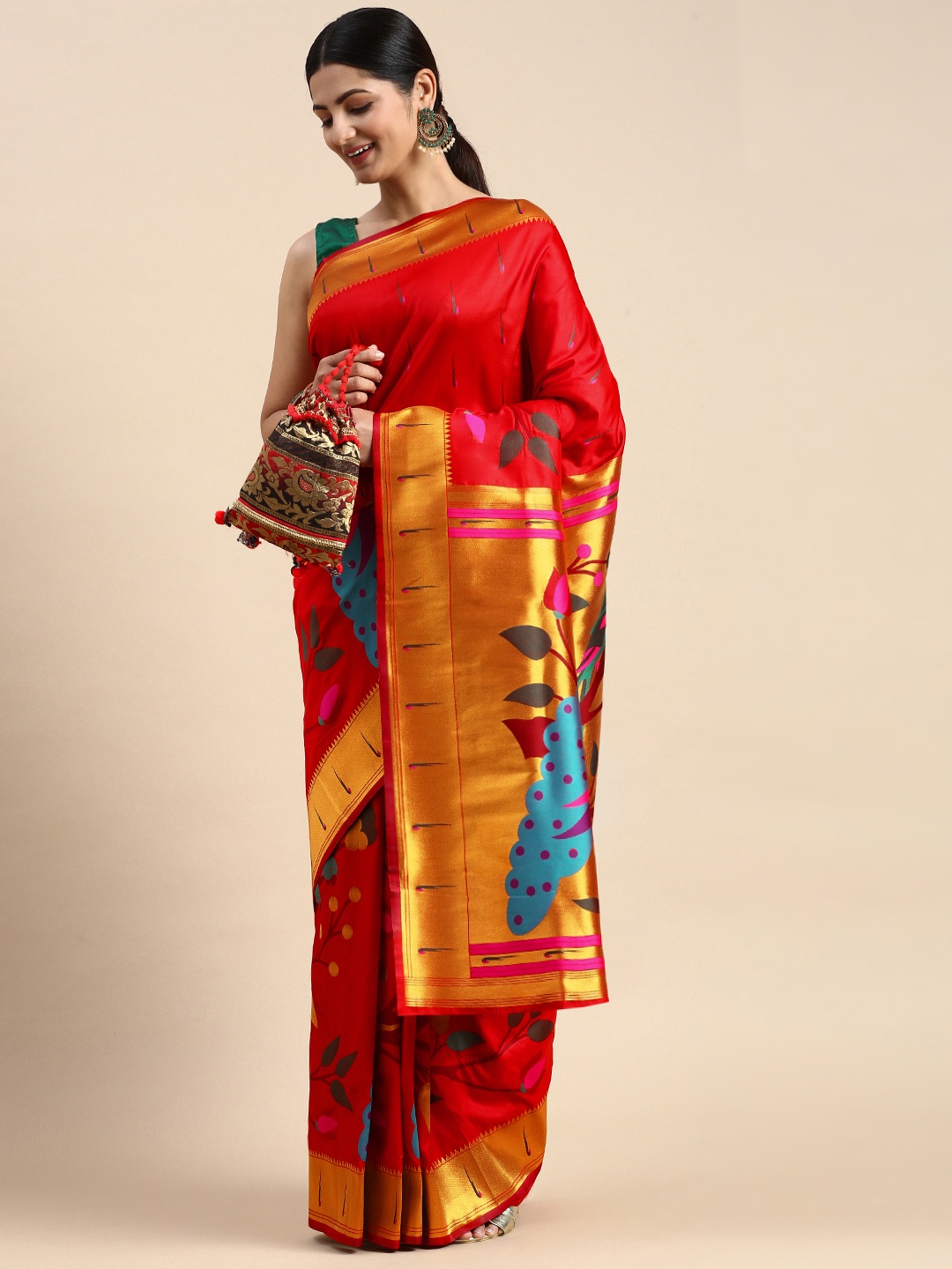 

Royal Rajgharana Saree Floral Zari Silk Blend Paithani Saree, Red