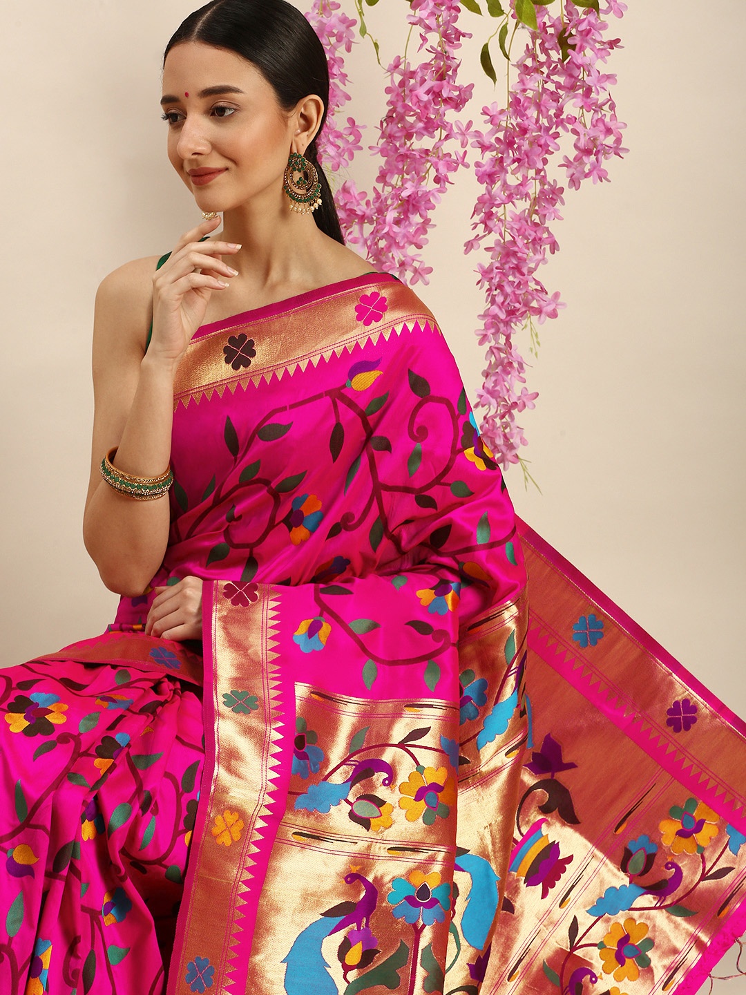 

Royal Rajgharana Saree Floral Zari Silk Blend Paithani Saree, Pink