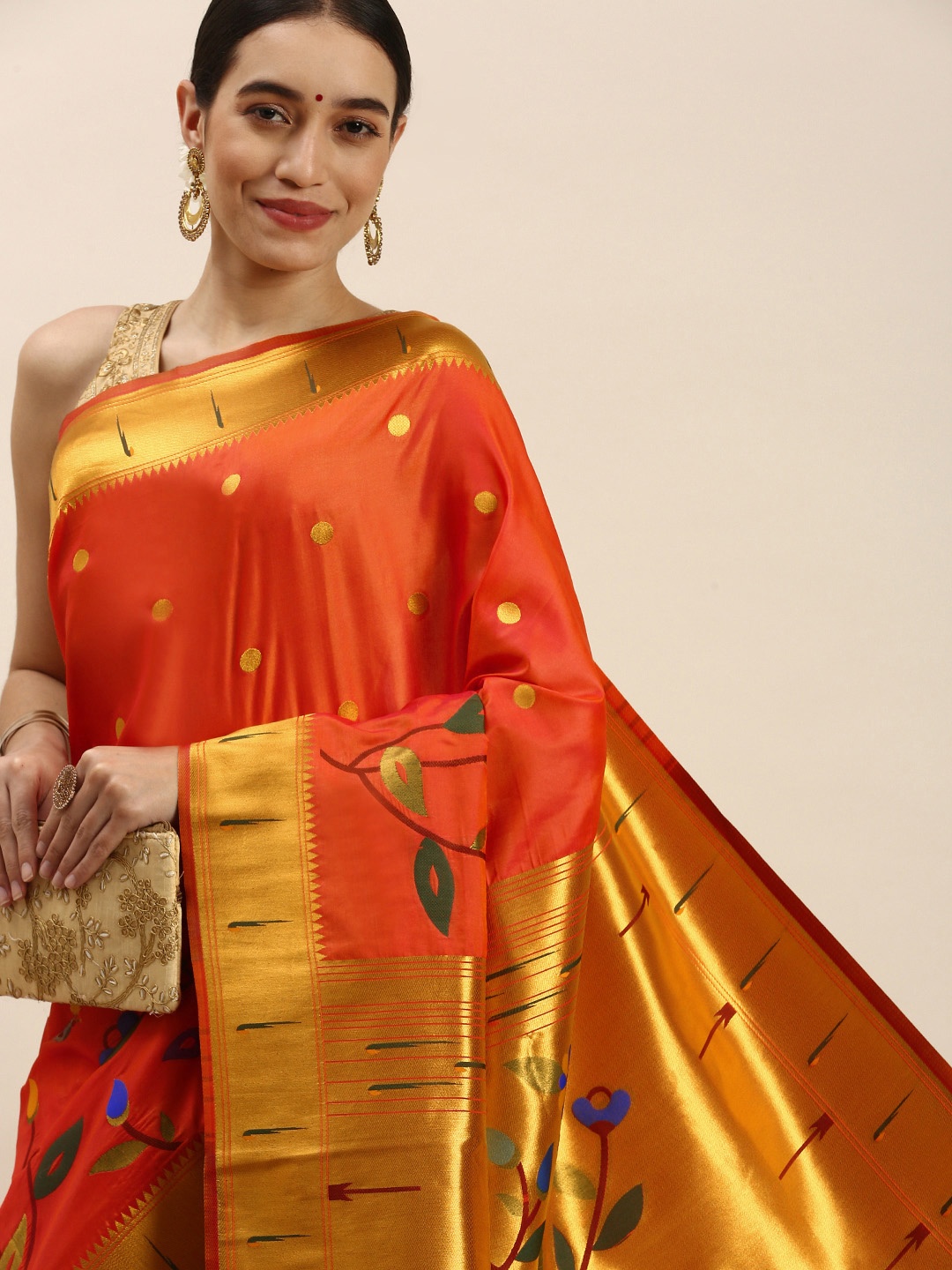 

Royal Rajgharana Saree Floral Zari Silk Blend Paithani Saree, Orange
