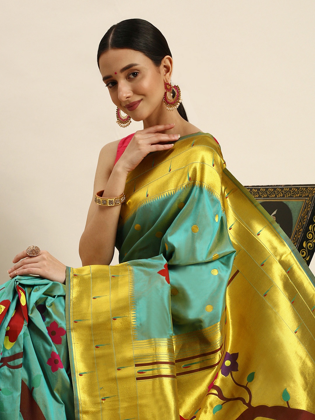 

Royal Rajgharana Saree Floral Zari Silk Blend Paithani Saree, Sea green