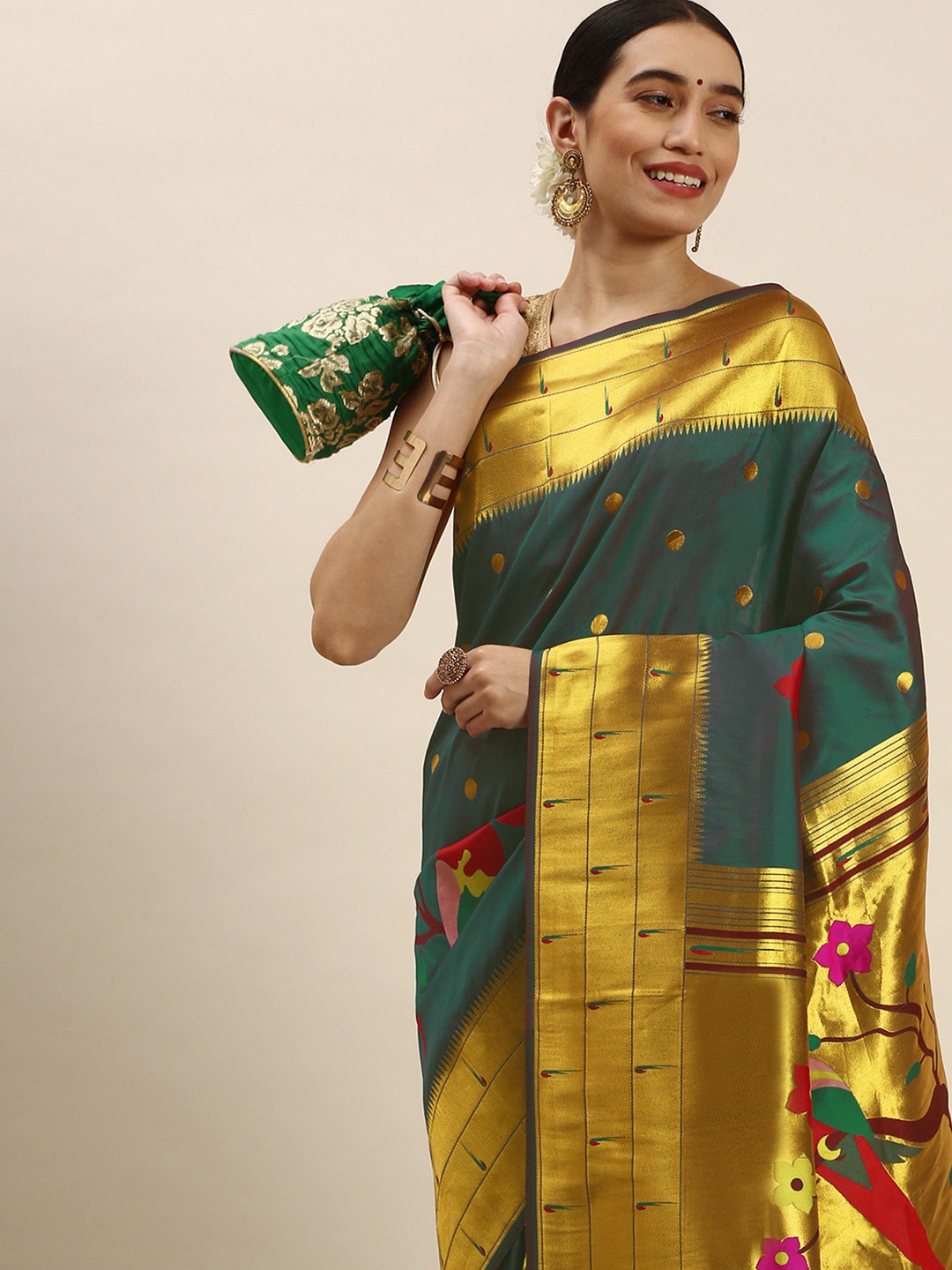 

Royal Rajgharana Saree Floral Zari Silk Blend Paithani Saree, Teal