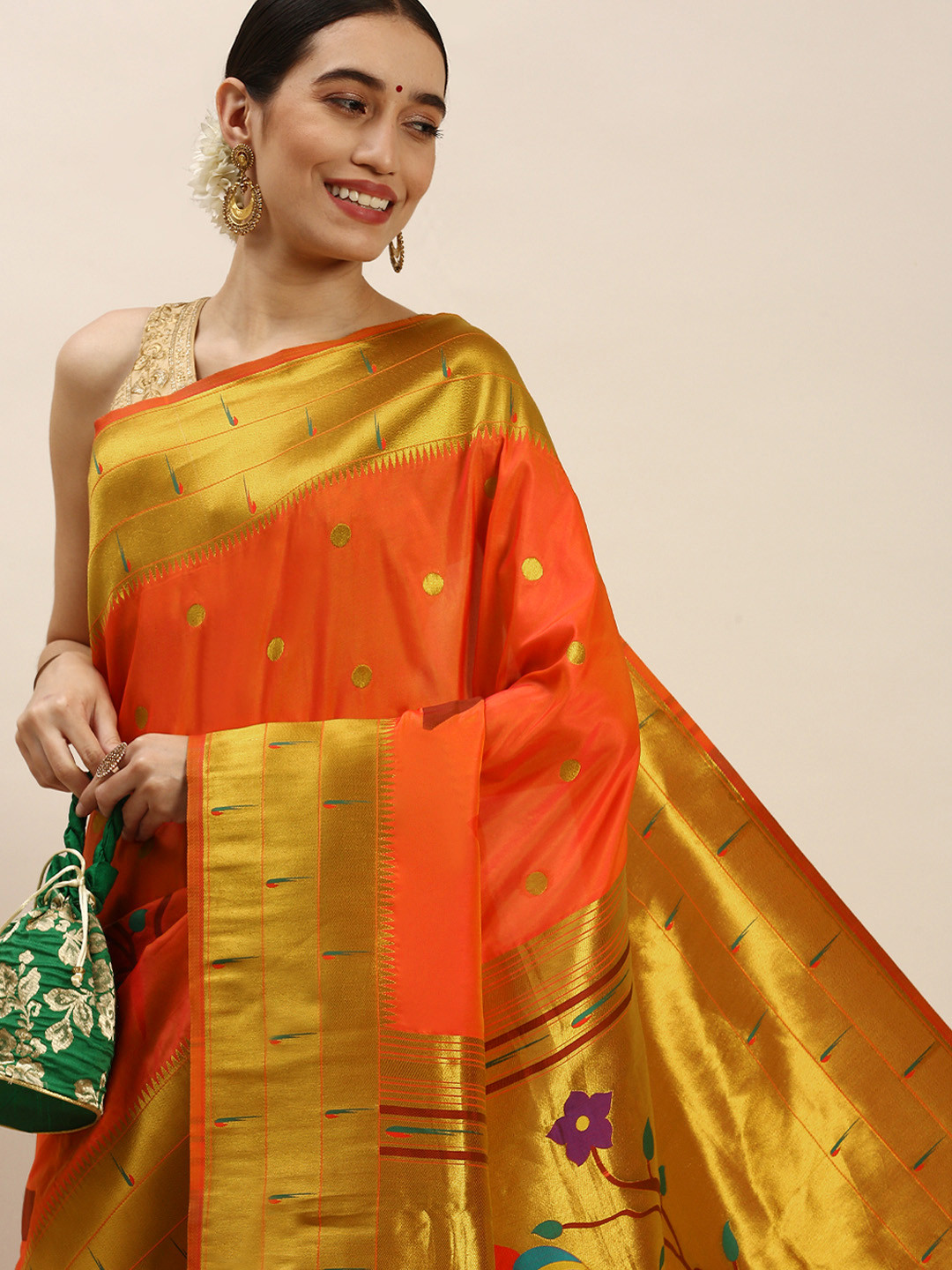 

Royal Rajgharana Saree Floral Zari Silk Blend Paithani Saree, Orange