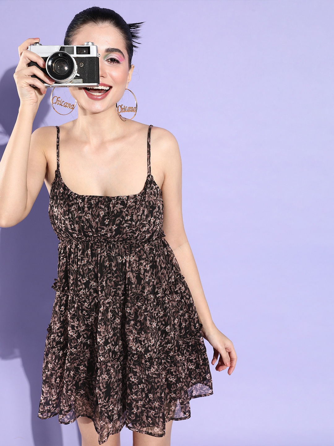 

QUIERO Floral Chiffon Tiered Mini Dress, Black