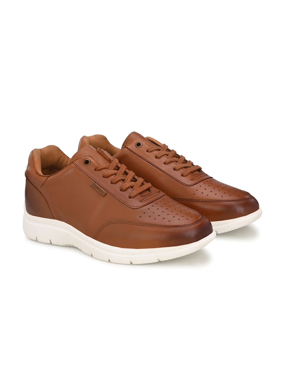 

MONDAIN Men Tan Perforations Leather Sneakers