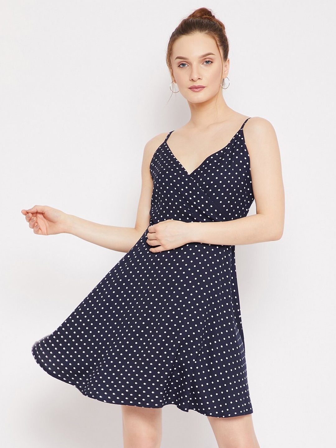 

Womenster Polka Dots Printed Fit and Flare Sleeveless Crepe Dress, Navy blue