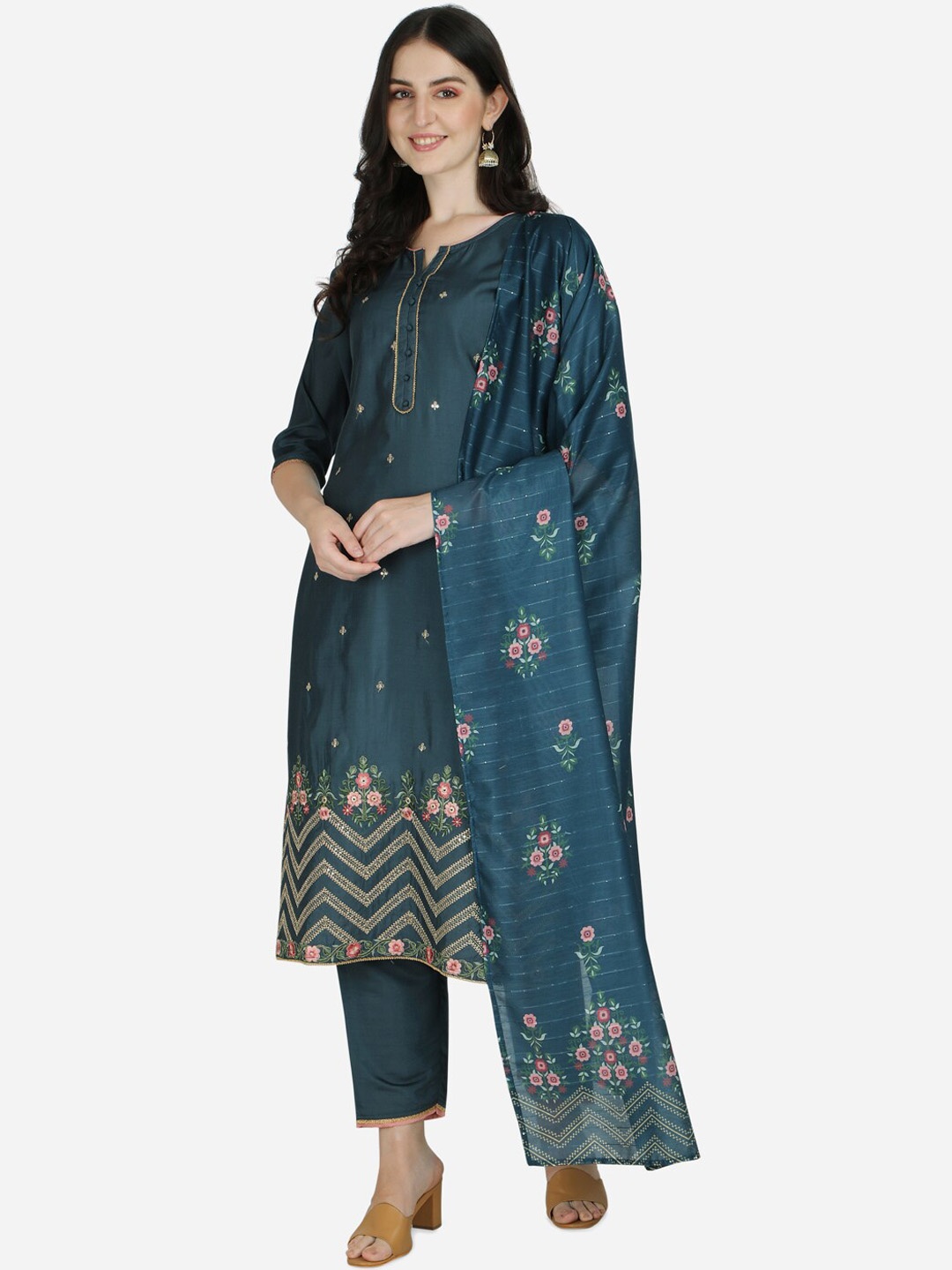 

Berrylicious Women Teal Floral Embroidered Kurta with Trousers & Dupatta