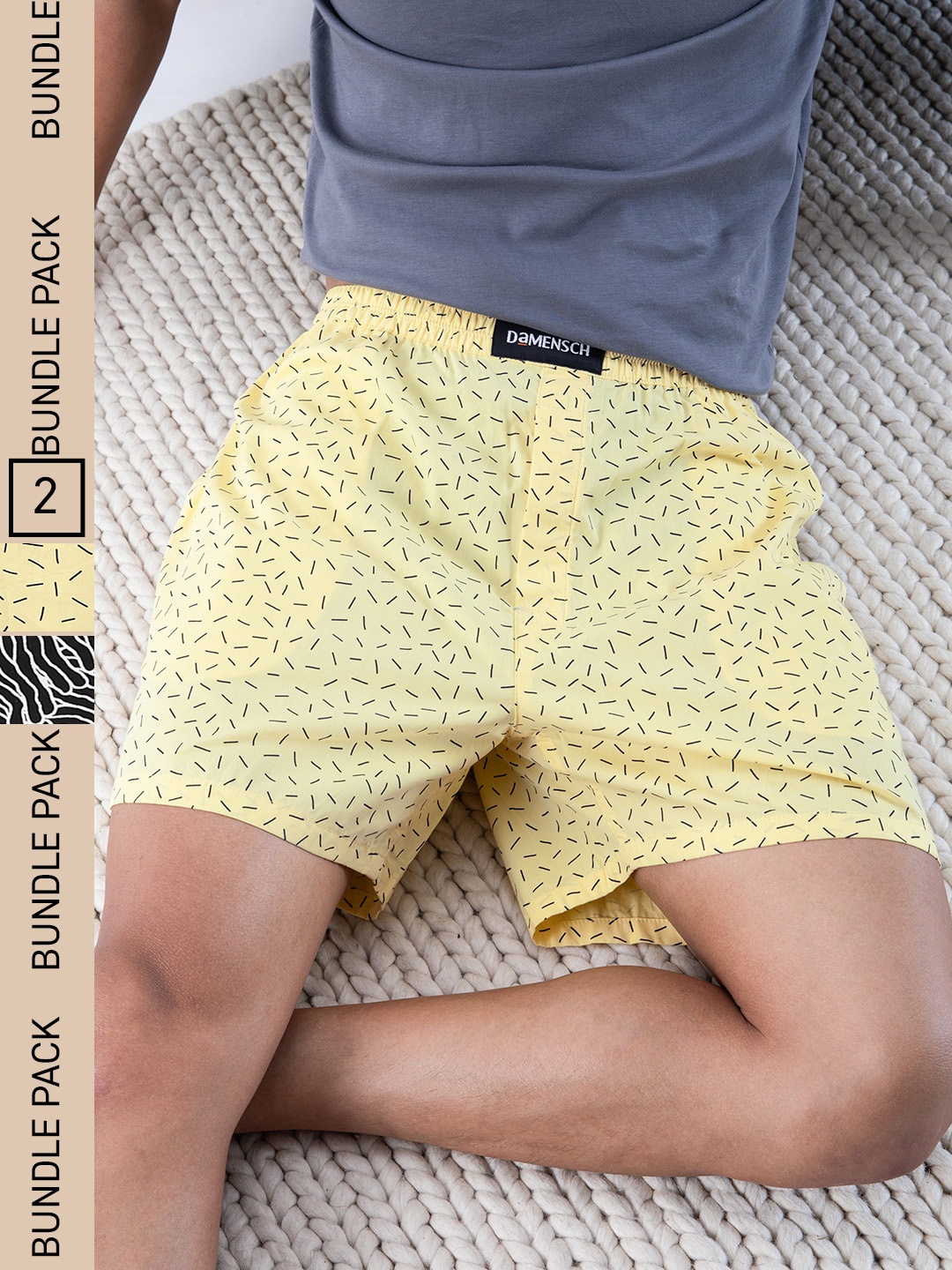 

DAMENSCH Men Pack of 2 Printed Ultra-Light Cotton Regular Fit Boxer Shorts, Yellow